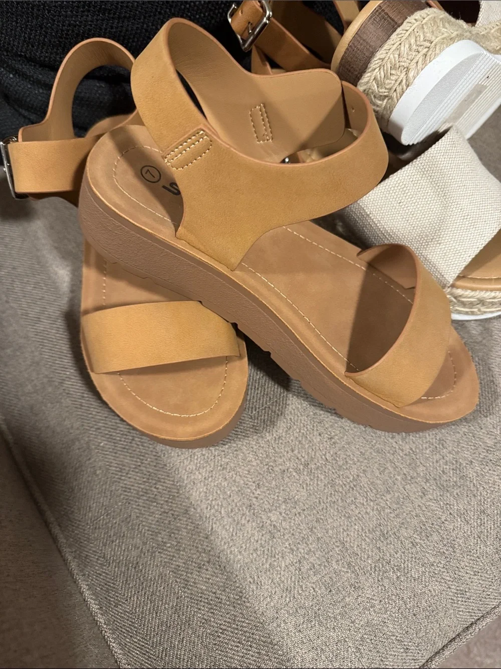 Two pair of Soda Sandals. Tan and Cream Wedge Sandals and Tan Wedge Sandals - Picture 7 of 9